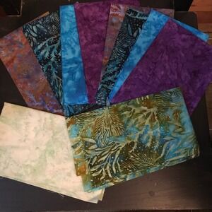 10 Batik Cotton Fabric Remnants Lot Purple Blue Teal Coral Quilting Fat Quarters